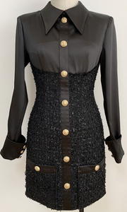 BLACK SATIN & TWEED MINI DRESS