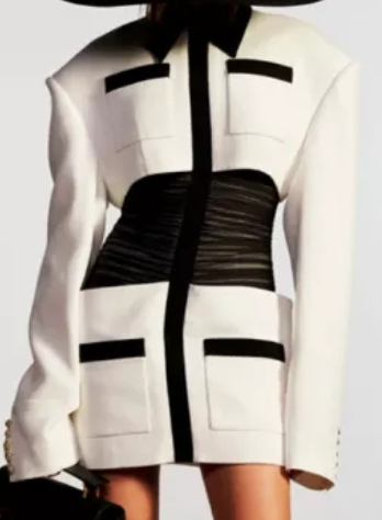 WHITE & BLACK RUCHED MID LONG SLEEVE DRESS