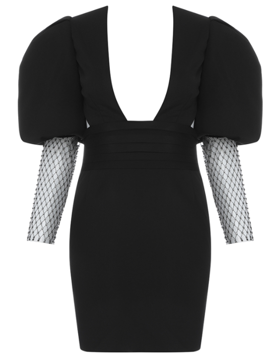 BLACK MESH DIAMOND SLEEVE HOLLOW BACK DRESS