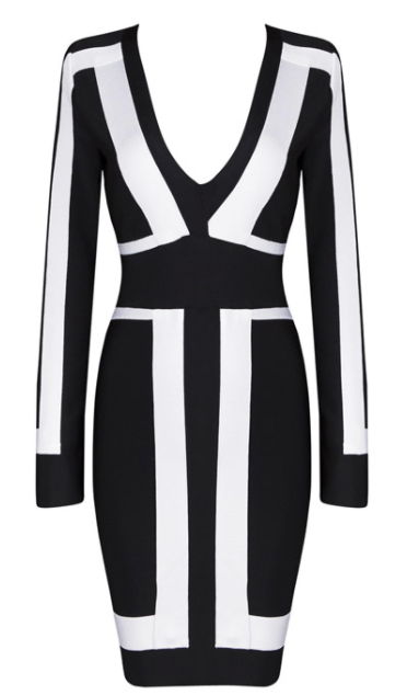 BLACK & WHITE LONG SLEEVE DEEP V NECK BANDAGE DRESS