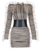 NUDE & BLACK PLEATED MESH BELTED DRESS