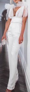 WHITE VEGAN LEATHER WAIST DEEP V NECK MESH JUMPSUIT