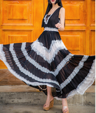 BLACK & WHITE LACE PLEATED MAXI DRESS