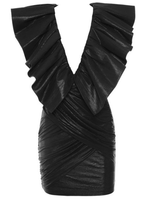 BLACK HIGH SHINE FOIL RUFFLE DEEP V NECK DRESS