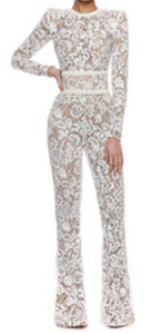 WHITE NUDE LACE BELTED JUMPSUIT