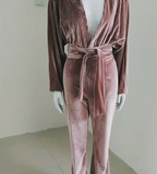 PINK VELVET STRIPE BELTED JUMPSUIT