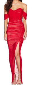 RED ELEGANT MESH OFF SHOULDER THIGH HIGH SLIT GOWN