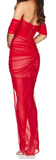 RED ELEGANT MESH OFF SHOULDER THIGH HIGH SLIT GOWN