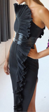 BLACK ONE SHOULDER LONG RUFFLE BELTED BANDAGE DRESS