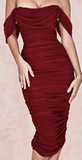 RED WINE ELEGANT OFF SHOULDER MESH RUCHED MIDI DRESS