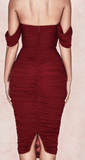 RED WINE ELEGANT OFF SHOULDER MESH RUCHED MIDI DRESS