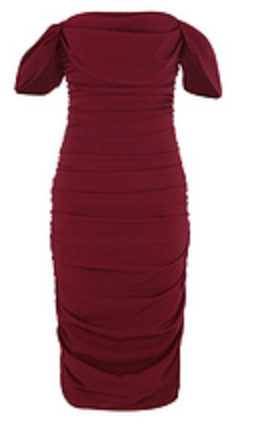 RED WINE ELEGANT OFF SHOULDER MESH RUCHED MIDI DRESS