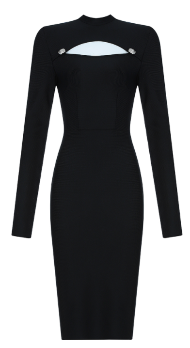 BLACK MOCK NECK CUT OUT CHEST BODYCON MIDI DRESS