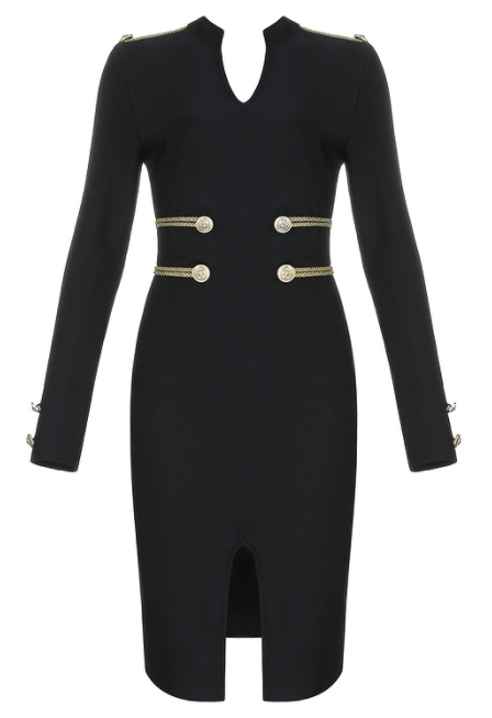 BLACK LONG SLEEVE V NECK GOLD CABLE WAIST & BUTTON DRESS