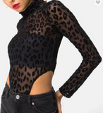 BLACK LEOPARD PRINT SHEER MOCK NECK EXPOSED HIPS BODYSUIT