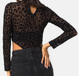 BLACK LEOPARD PRINT SHEER MOCK NECK EXPOSED HIPS BODYSUIT