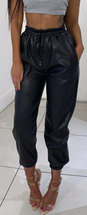 BLACK FAUX LEATHER TIE WAIST PANTS