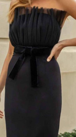 BLACK STRAPLESS MESH CHEST BOW WAIST BANDAGE DRESS