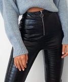 BLACK CROC ZIP UP FRONT PANTS