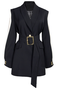 BLACK SHEER NUDE SLEEVE BELTED BLAZER DRESS