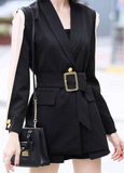 BLACK SHEER NUDE SLEEVE BELTED BLAZER DRESS