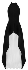 BLACK & WHITE BACKLESS O NECK TOP & PLEATED SKIRT 2 PIECE SET