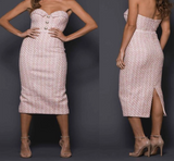 PINK TWEED STRAPLESS MIDI DRESS