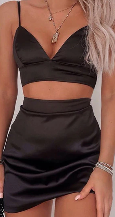 BLACK SATIN BRALETTE & SKIRT 2 PIECE SET