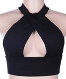 BLACK KNIT MOCK NECK HOLLOW OUT CHEST BACKLESS CROP TOP