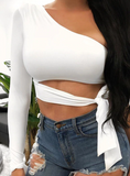 WHITE ONE SLEEVE TIE WAIST CROP TOP