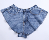 BLUE DENIM HIGH FLARE SHORTS