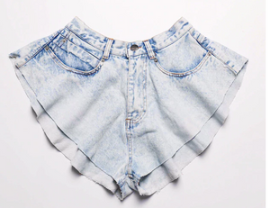 BLUE DENIM HIGH FLARE SHORTS