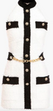 WHITE & BLACK BACKLESS HALTER TWEED GOLD CHAIN DETAIL DRESS