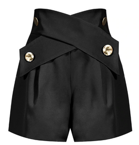 BLACK HIGH WAIST BUTTON DETAIL LOOSE FIT SHORTS