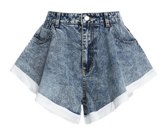 BLUE DENIM HIGH FLARE WHITE TRIM SHORTS