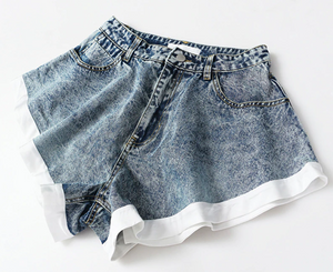 BLUE DENIM HIGH FLARE WHITE TRIM SHORTS