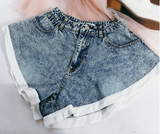 BLUE DENIM HIGH FLARE WHITE TRIM SHORTS