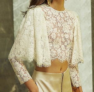 WHITE LACE LONG LANTERN SLEEVE CROP TOP