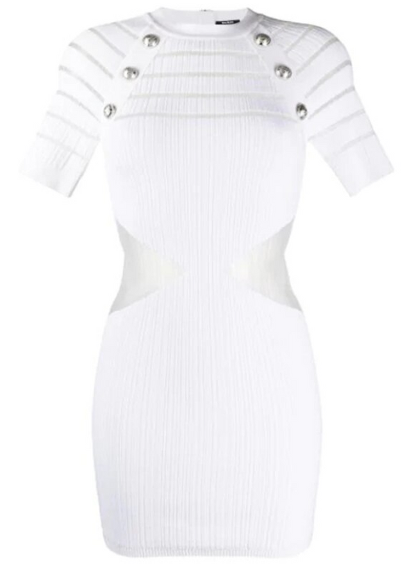 SHORT SLEEVE 6 BUTTON DETAIL KNIT SHEER SIDES DRESS