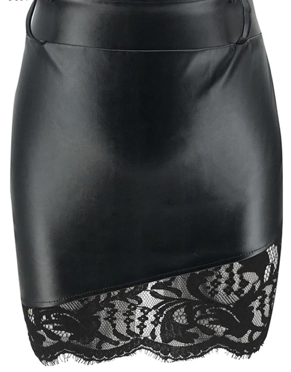 BLACK FAUX LEATHER & LACE HIGH WAIST SKIRT