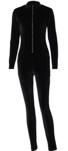 BLACK VELVET ZIP FRONT JUMPSUIT