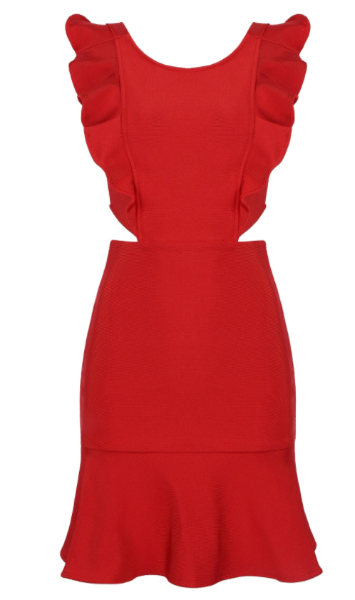 RED RUFFLE OPEN BACK BANDAGE DRESS