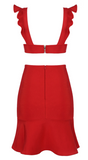 RED RUFFLE OPEN BACK BANDAGE DRESS