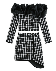 BLACK & WHITE OFF SHOULDER RUFFLE PLAID 2 PIECE SET