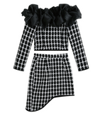 BLACK & WHITE OFF SHOULDER RUFFLE PLAID 2 PIECE SET