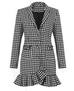 BLACK & WHITE HOUNDSTOOTH RUFFLE BOTTUM MINI DRESS