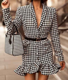 BLACK & WHITE HOUNDSTOOTH RUFFLE BOTTUM MINI DRESS