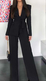 BLACK V NECK BELTED 2 PIECE PANT SUIT SET