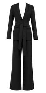 BLACK V NECK BELTED 2 PIECE PANT SUIT SET