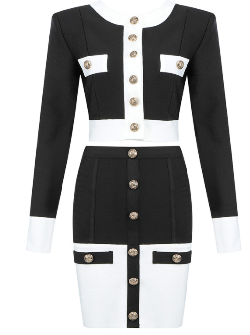 BLACK & WHITE BUTTON DETAIL 2 PIECE SKIRT SUIT SET